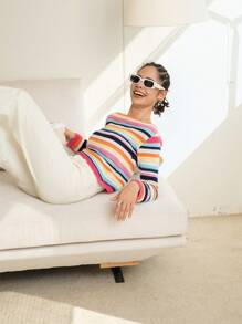 INAWLY Women's Striped Off-Shoulder Long Sleeve Cropped Fitted Sweater, Autumn/Winter