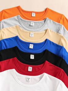 7pcs/Set Tween Boy Casual Crew Neck Solid Color Pullover Knit T-Shirts, School, Campus, College - Multicolor - View 5