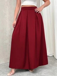 Firerie Plus Size Women Gray High-Waisted Maxi Pleated A-Line Skirt With Pockets And Elastic Waist, Back To School Spring To Summer - Red - View 5