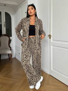 SHEIN EZwear 豹纹大码长袖衬衫+裤子两件套 - 彩色 - 查看 1