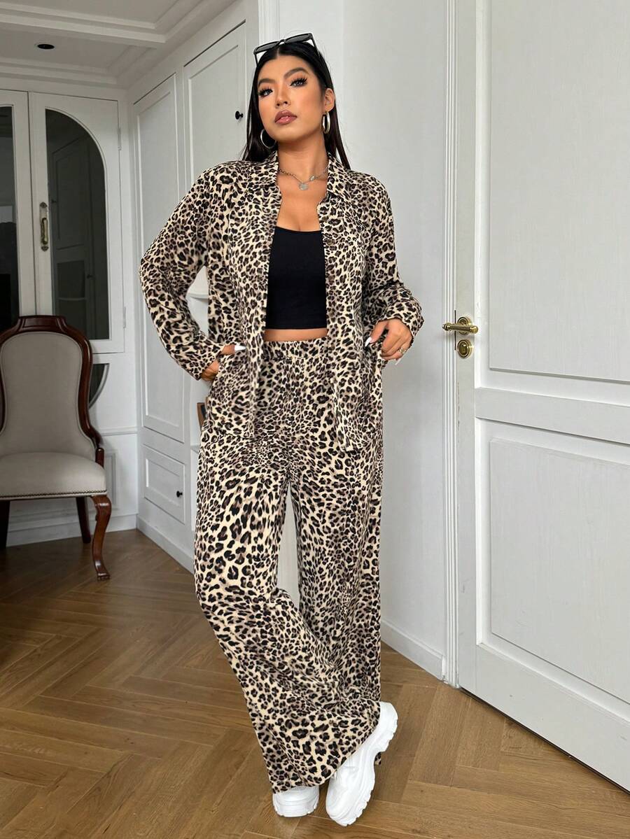 SHEIN EZwear 豹纹大码长袖衬衫+裤子两件套 - 彩色 - 查看 1