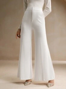 Anewsta 女士都市高端纯色喇叭腿优雅裤 - 白色 - 查看 1
