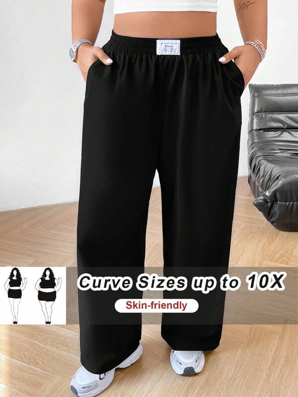 SHEIN CURVE+ Plus Size Women Black Loose Casual Sports Pants