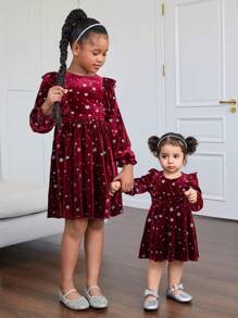 SHEIN Baby Girls Knitted Star Velvet Round Neck Ruffle Hem Fitted Dress - Burgundy - View 5