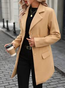 SHEIN Clasi 纯色长袖前扣口袋优雅修身羊毛混纺外套冬季女装 - 棕色 - 查看 3