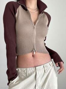 DAZY Women Contrast Color Patchwork Turtleneck Cardigan Sweater,Fall Clothes - Multicolor - View 2