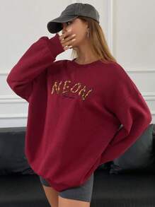 DAZY Women's Loose Fit Letter Embroidered Crew Neck Sweatshirt,Fall Women Clothes - Red - View 1