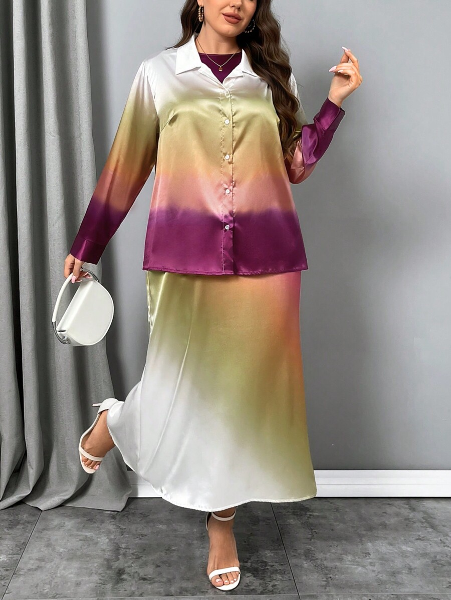 SHEIN Privé 2pcs Set Elegant Satin Ombre Floral Print Short Sleeve