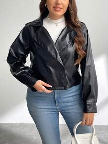 SHEIN Privé Áo khoác da ngắn cài nút phía trước ve xe máy thường ngày, thanh lịch cỡ lớn cho nữ Áo khoác ngoài dài tay thời trang hàng ngày - màu đen - Xem 3