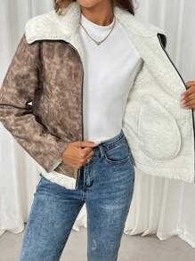 SHEIN LUNE 女士保暖夹克，适合秋冬季休闲通勤和外出，翻领撞色仿羊毛和 PU 皮革复合材料 - 卡其色 - 查看 7