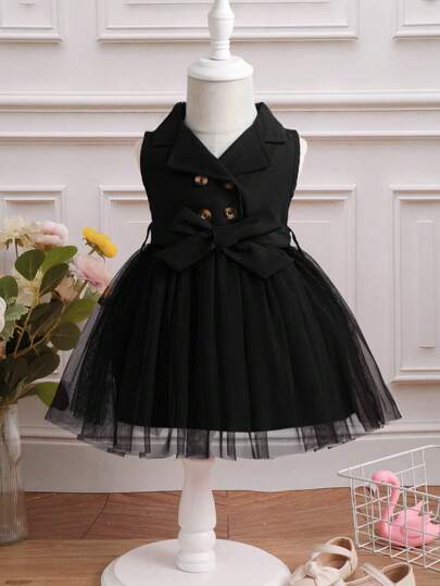 فستان صيفي بدون أكمام مع تداخل شبكي, طراز بطرازبيتر بان كولر, لون أحادي للبنات الصغيرات