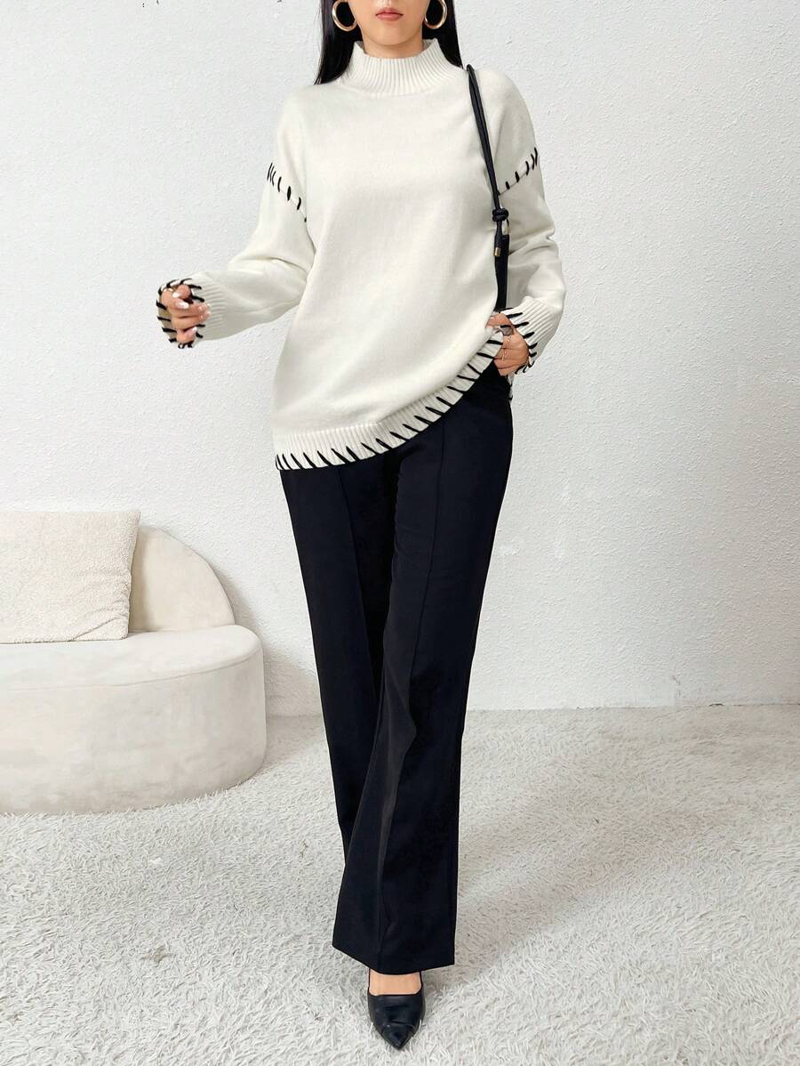 Mulvari Women Contrast Color Crew Neck Long Sleeve Casual Sweater - Apricot - View 1