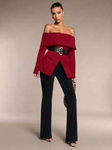 SHEIN BAE 女士时尚露肩西装外套 含腰带 露肩冬季女士外套 商务女装 冬季女装 职业上衣 冬季女士服装 女士西装外套 - 酒紅色 - 查看 4