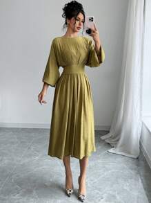 Calvaya Textured Elegant Batwing Sleeve Empire Waist Pleated Lantern Sleeve Dress Maxi Women Outfit