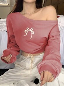 DAZY 1 件不对称领口蝴蝶印花长袖休闲运动衫 - 玫紅色 - 查看 1