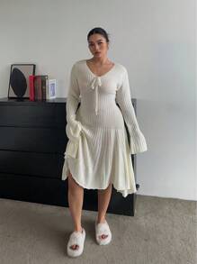 Flirla Plus Size Women's Solid Color Tie Front Flared Sleeve Elegant Bow Knot Sweater Dress, Autumn Winter