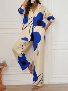 SHEIN LUNE 2 件套女士休闲花卉印花长袖衬衫套装，返校季 - 藍色 - 查看 3