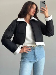 Aloruh 简约百搭通勤羊毛混纺防风保暖短款长袖修身黑色女士棉服外套 - 黑與白 - 查看 8