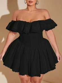 SHEIN BAE Vestido elegante plisado con hombros descubiertos y encaje fruncido en talla grande, vestido de línea A de unicolor con mangas de pétalos de encaje, vestido para invitada de boda de otoño, vestido de graduación, vestido de cumpleaños para mujer, vestido de fiesta - Negro - Ver 4