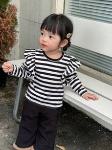 SHEIN 3pcs Set Baby Girls Autumn Casual Ruffled Trim Long Sleeve Tops - Black and White - View 5