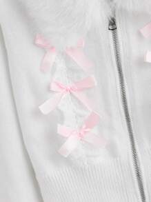 ROMWE Áo len cardigan cổ lông đính nơ ren Kawaii cho nữ - trắng - Xem 4