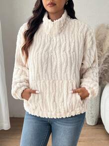 SHEIN Frenchy Plus Size Reversible Coral Fleece Sweatshirt, Autumn/Winter Fall - Apricot - View 3