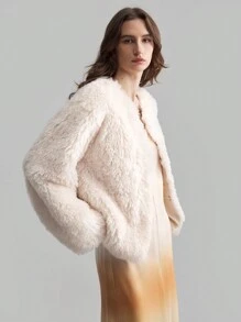 Ontre Women's Long Sleeve Round Neck Fluffy Jacket, Apricot Color Furry Long Coat For Autumn/Winter