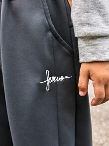 SHEIN Fashionable Outdoor Style Young Boy Letter Embroidered Patchwork Casual Long Pants, Suitable For Outgoing And Daily Wear - Dark Grey - View 7