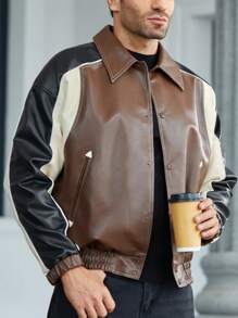 Manfinity RelaxMax Men's Autumn Contrast Color Long Sleeve PU Leather Single Breasted Casual Jacket