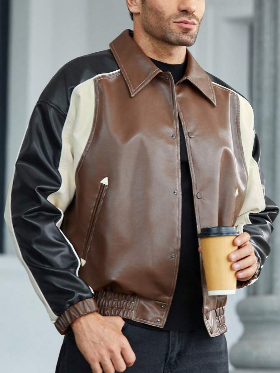 Manfinity RelaxMax Men's Autumn Contrast Color Long Sleeve PU Leather Single Breasted Casual Jacket