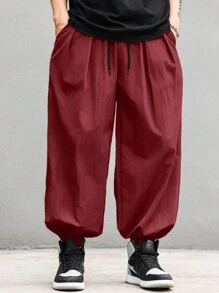 Manfinity EMRG 男士纯色前系带口袋简约休闲长裤，宽松裤男，红色男裤，韩版裤男，日系裤男，秋季 - 酒紅色 - 查看 4