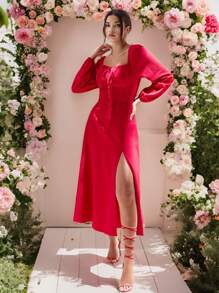 Allurite 纹理面料仿鱼骨优雅长袖红色连衣裙，适合约会和休闲穿着