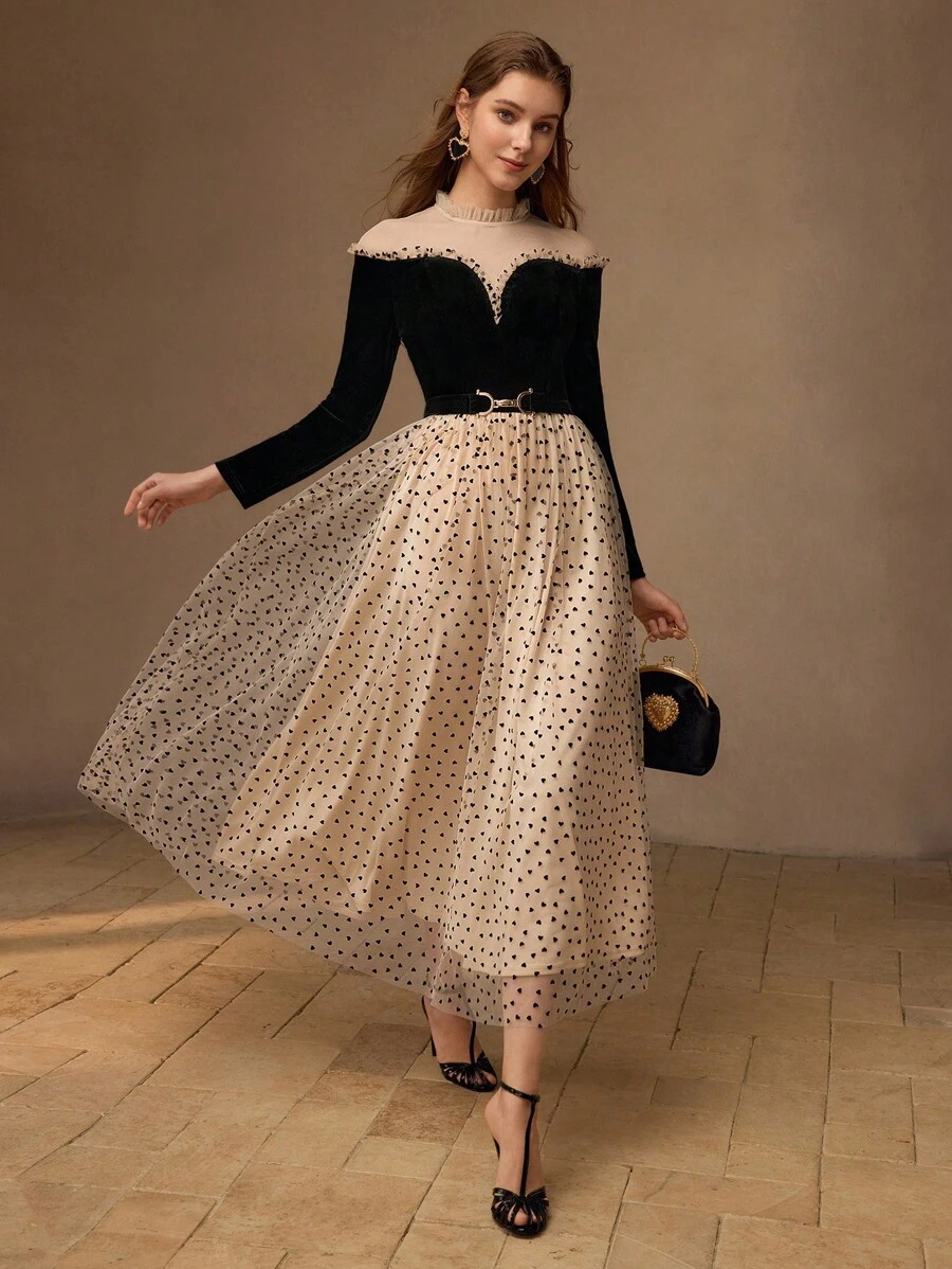 MOTF PREMIUM MESH PANEL HEART PRINT FRILL MOCK NECK BELTED LONG DRESS, WOMEN OUTFIT - Black - View 1