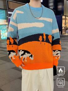 Claim Dot Men's Contrast Color Graphic Print Crew Neck Long Sleeve Sweater