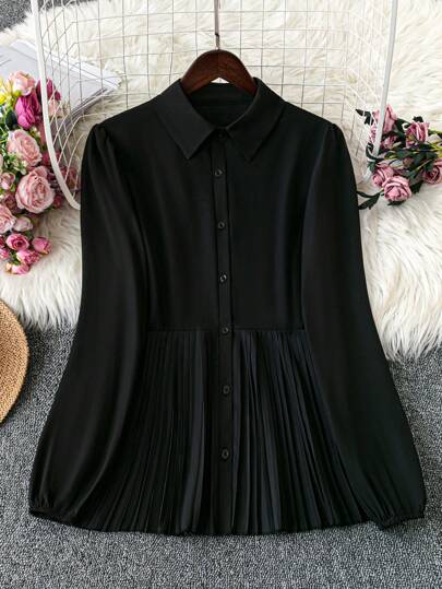 Franclia Collared Hem Pleated Simple Solid Color Casual Shirt Fall Cloth For Women