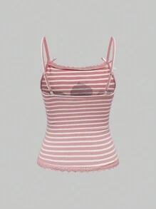 Strawberry Shortcake | ROMWE 休闲可爱卡通人物与草莓印花条纹蕾丝蝴蝶结装饰吊带背心，夏季 - 粉色 - 查看 3