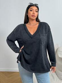 SHEIN EZwear Camiseta de manga larga de corte holgado, tejida, desgastada con efecto de lavado ácido, de aspecto vintage, para tallas grandes