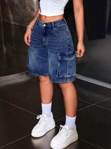 SHEIN ICON Pantalones cortos vaqueros casuales lisos con bolsillos, verano