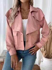SHEIN LUNE Women's Solid Color Single Breasted Long Sleeve Cargo Pocket Short Jacket, Spring Autumn - Pink - View 4