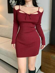 DAZY Váy len bó sát mini buộc dây thanh lịch, váy đỏ mùa thu dành cho nữ, váy Giáng sinh - Đỏ - Xem 9