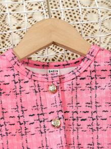 SHEIN Elladie kids 年轻女孩格子印花前扣长袖夹克搭配黑色长袖上衣和迷你裙优雅套装 - 粉色 - 查看 8