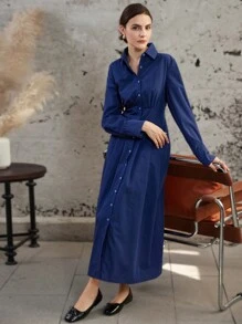 Aveloria Modichic Elegant Office Style Solid Color Pleated Design Waisted Shirt Dress Dress With Long Flared Hem - Navy Blue - View 5