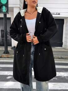 Flirla 大码女式连帽口袋长袖休闲夹克 - 黑色 - 查看 6