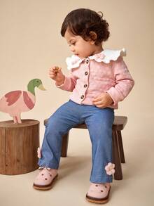 SHEIN Baby Girl Casual Colorblock Puff Collar Pink Jacket And Blue Pants 2-Piece Set, Autumn Winter - Pink - View 6