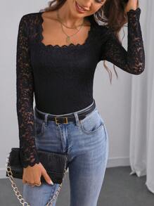 EMERY ROSE Women's Simple Solid Lace Patchwork Crew Neck Long Sleeve Casual T-Shirt Fall Cloth For Women - Black - View 3