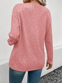 SHEIN LUNE Women's Solid Color Crew Neck Dropped Shoulder Long Sleeve Loose Casual T-Shirt - Watermelon Pink - View 2