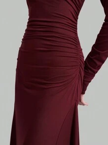 Ontre 女秋冬酒红色长袖立领优雅针织弹力连衣裙通勤立领百褶长裙教师装 - 玫瑰紅 - 查看 7