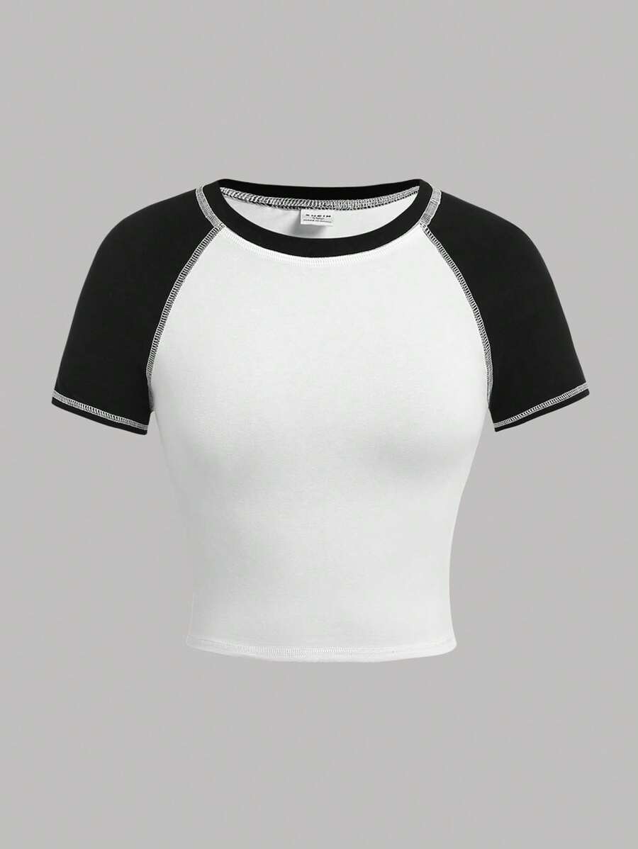 SHEIN Girlism Teenager Mädchen gestricktes T-Shirt mit Kontrast Farben, lässig geschnitten mit Dolman Ärmeln und Crop Länge