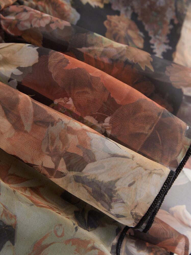 SHEIN MOD فستان برنت زهري كامل جسم برتقالي قديم الطراز "مدمج" مع تنورات قابلة للإزالة متعددة - بطراز قصري ، فستان عيد ميلاد ، فستان سفر ، فستان متراكب ، فستان ، فساتين صيفية للنساء - لون برتقالي - مشاهدة 8