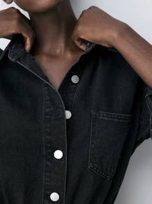 SHEIN Maija Váy denim mini thường ngày cho nữ, tay dài, màu đen - màu đen - Xem 6